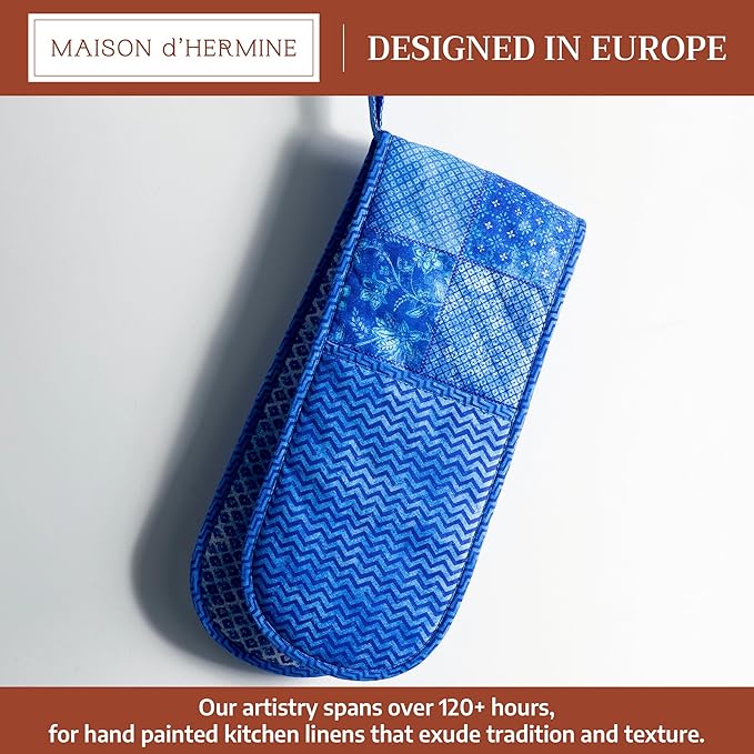 Maison d' Hermine Double Oven Mitts 100% Cotton 7"x35" Double Oven Mitt Heat Resistant BBQ Cooking Gloves with Loop Baking Grilling Gifts for Mothers Day Spring Summer (Indigo Love)
