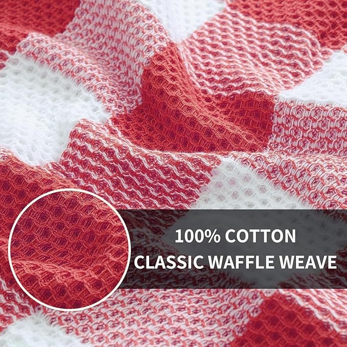 Homaxy Kitchen Towels and Dishcloths Set, 12 x 12 and 13 x 28 Inches, Set of 12 100% Cotton Waffle Weave Check Plaid Kitchen Dish Towels, Super Soft and Absorbent Dish Cloths, White & Red