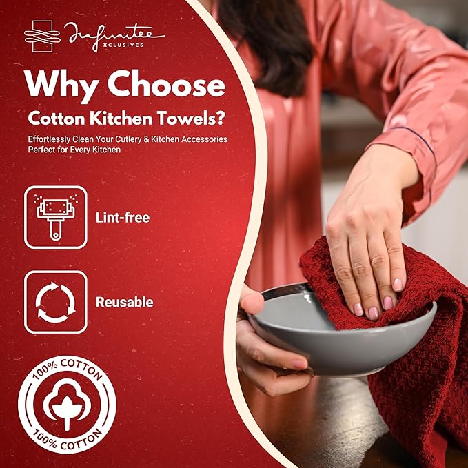 Infinitee Xclusives Premium Kitchen Towels – Pack of 3, 100% Cotton |15 x 25| Inches Absorbent Dish Towels - Terry Kitchen Dishcloth Towels - Red Dish Cloth for Household Cleaning