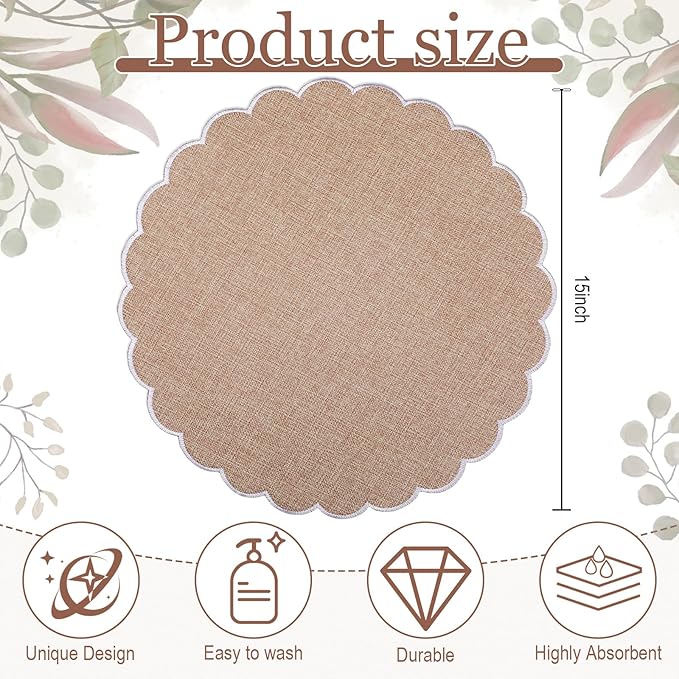 Set of 6 Round Placemats 15 Inch Cotton Scalloped Embroidery Placemat Washable Double Layered Rustic Dinner Table Mat Decor Fabric for Hotel Restaurant Kitchen(Flaxen/White,Classic)