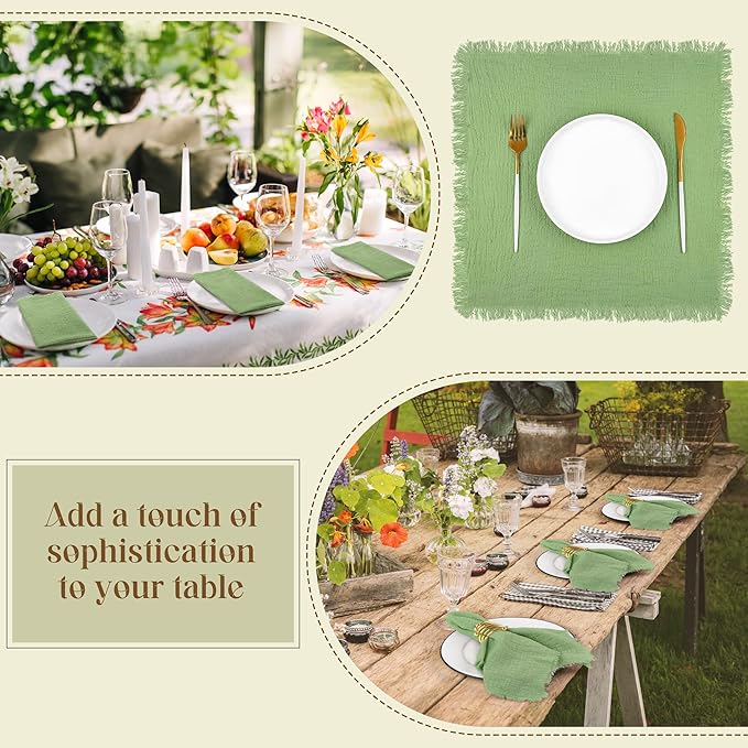 TURSTIN 24 Pieces Cotton Linen Cloth Napkin Handmade Cloth Napkin with Fringe 17 x 17 Inch Soft Cloth Dinner Wedding Napkin Square Rustic Fringe Table Napkin for Dinners, Parties, Weddings, Sage Green