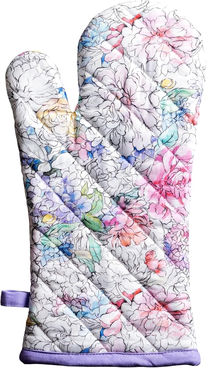 Maison d'Hermine Oven Gloves 100% Cotton Oven Mitt 7" x 13" with Loop Heat Resistant BBQ Cooking Gloves Baking Grilling Gifts for Mothers Day Spring/Summer (Pack of 1, Floral Love)