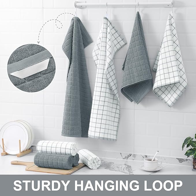 Homaxy Premium Cotton Kitchen Towels 16"x 28", Large Natural Ring Spun 390 GSM Dish Towels, Super Absorbent Terry Kitchen Hand Towels, Soft Tea Towels with Hanging Loop, Grey Check Design, 8 Pack