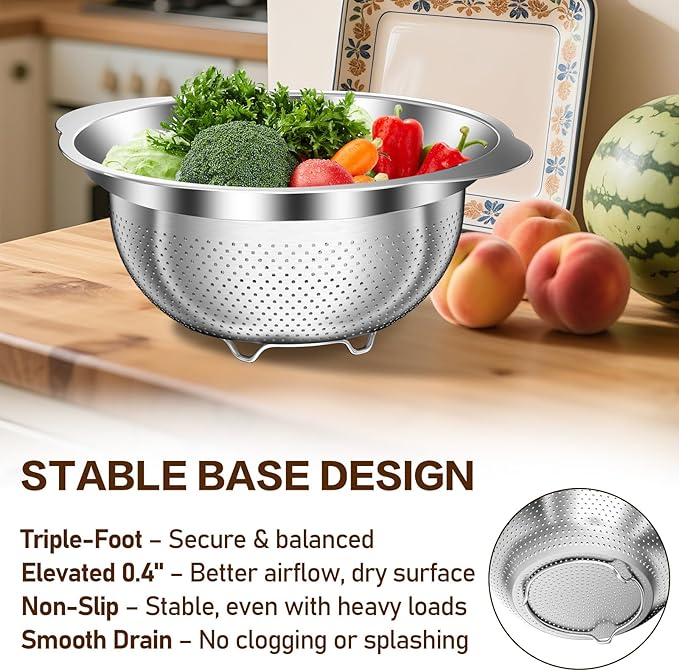 Colander, Strainer Bowl, Stainless Steel Colander, Rice Washing Bowl, Pasta Strainer & Vegetable Washer, Kitchen Strainer with Mixing Bowl for Draining, Food Prep, Dishwasher Safe, 4QT