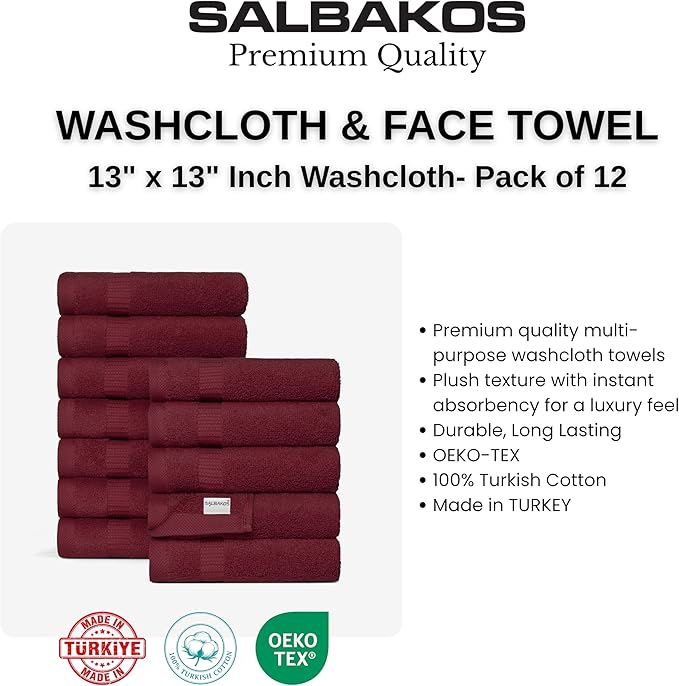 SALBAKOS 100% Turkish Cotton Washcloth Set of 12, 13x13 inch | Premium Quality | Hotel & Spa Collection | Ultra Soft, Super Absorbent, Wash Cloth Towels | Made in Turkey (Wine, 12 Washcloths)