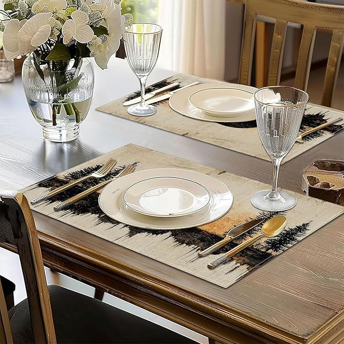 Retro Bear Pine Tree Placemats Set of 6, Vintage Washable Linen Place Mat Heat Resistant Non Slip Kitchen Dining Table Mats 12x18 Inch