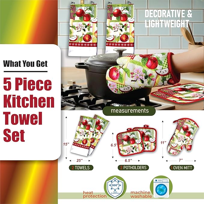 Lobyn Value Packs - Red Apples on a Patchwork Quilt, 5 Piece Kitchen Towel Set with 2 Decorative Dish Towels (25 X 15), 1 Oven Mitt (11 X 7) and 2 Potholders (6.5 X 6.5)