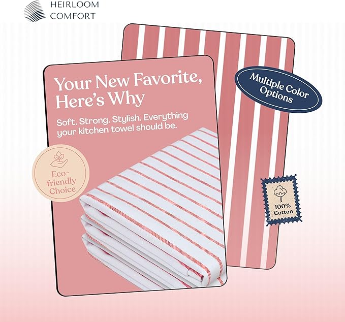 Red Stripe Cotton Kitchen Towels Set of 5, Durable & Super Absorbent Dishcloths Pack, Classic Stripe Towel Set, Quick Dry Towels for Daily Kitchen Use, Wiping & Drying Dishes