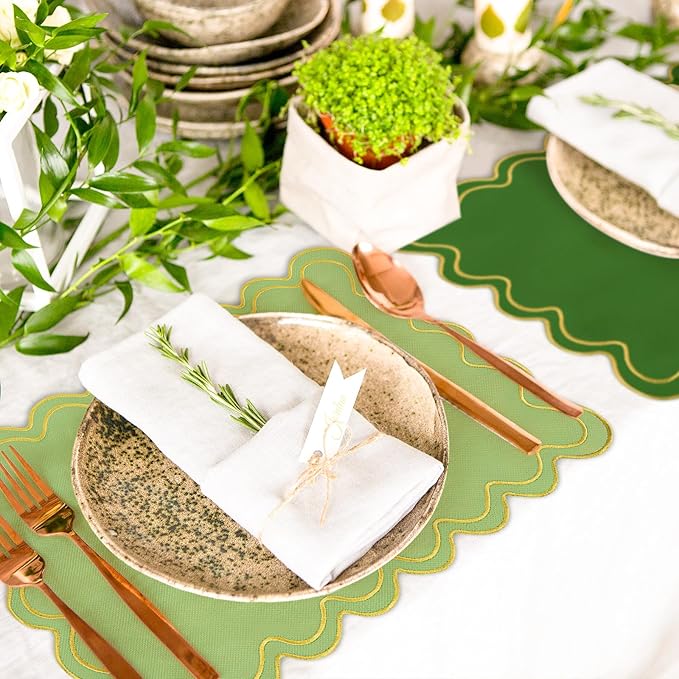 Whaline Sage Green Linen Placemats Embroidered Scalloped Kitchen Place Mats for Spring Party Home Dining Table Decor, Set of 8, 13 x 19 in