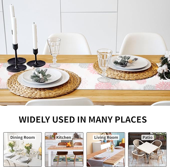 Dahlia Flower Table Runner 13x90 Inch Farmhouse Pink Gray Runners Modern Table Decorations Rustic Geometric Coffee Table Runner for Home Kitchen Dining Room Party (13"x90", Dahlia Floral-Pink)