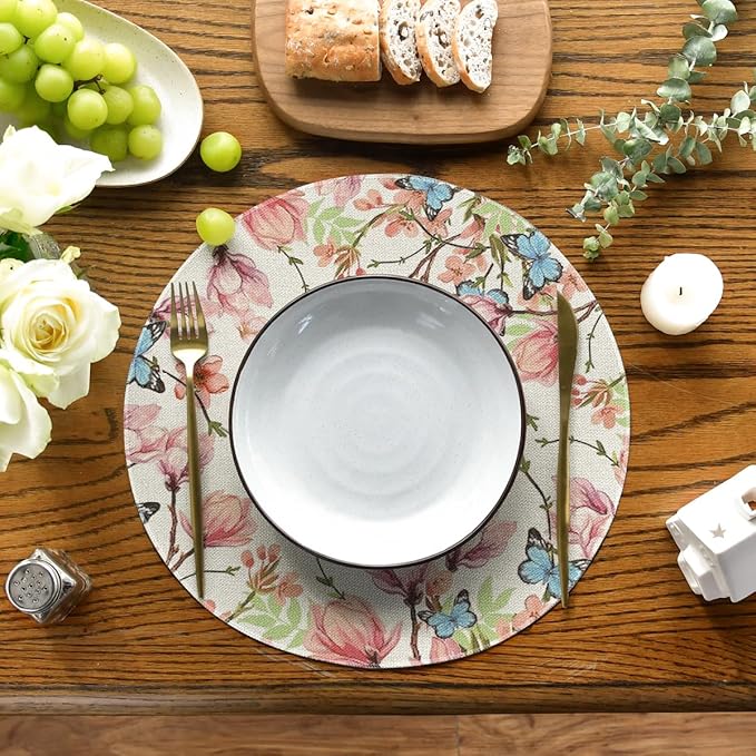 Artoid Mode Flowers Bird Butterfly Spring Round Placemats Set of 4, 14 Inch Summer Round Table Mats for Dining Decoration