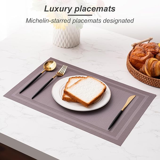 CADONO Placemats Set of 4 Washable Indoor/Outdoor Vinyl Place Mats for Dining Table Durable Non-Slip Heat Resistant PVC Weave Table Mats（Simple Style-Deep Gray）