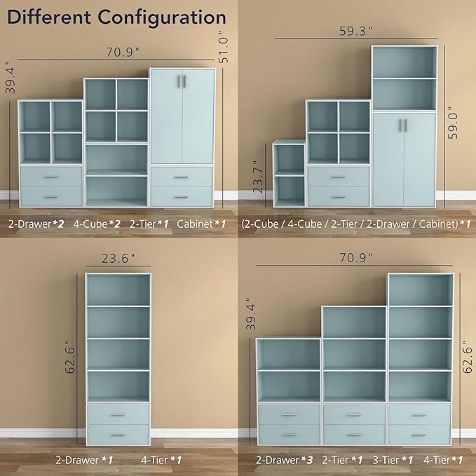 Homes: Inside + Out Apexa 3-Tier Stackable Wood Bookcase with Doors, Cube Storage Organizer Shelves, Small Food Pantry Cabinet, Dorm Teen Room Decor & Bedroom, Home Office, Kitchen, Light Blue