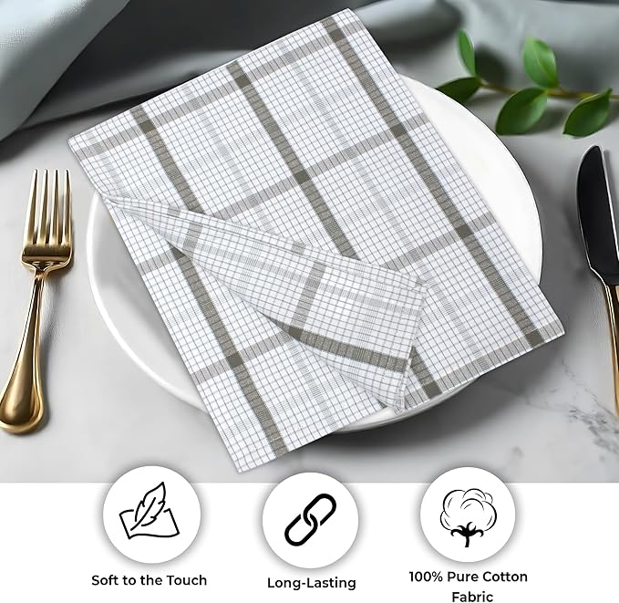 Urban Villa Cloth Napkins 100% Cotton Dinner Napkins Highly Absorbent 20x20 Inches (Set of 12) Tiny Checks Reusable Washable Soft Durable Premium Napkins Ideal for Home Wedding Parties