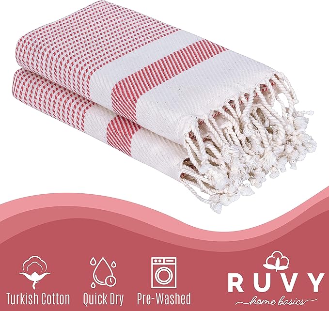 Ruvy Home Basics Turkish Hand Towels for Bathroom Set of 4 | 18"x40", Cotton | Decorative Towel for Bathroom, Kitchen, Dishcloth, Tea, Yoga, Face, Gym - Coral
