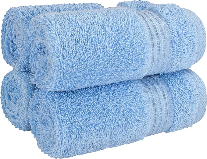 Cotton Paradise 100% Cotton Turkish Washcloth Set for Bathroom, 4 Piece Soft Absorbent Small Towels Wash Rags, Sky Blue