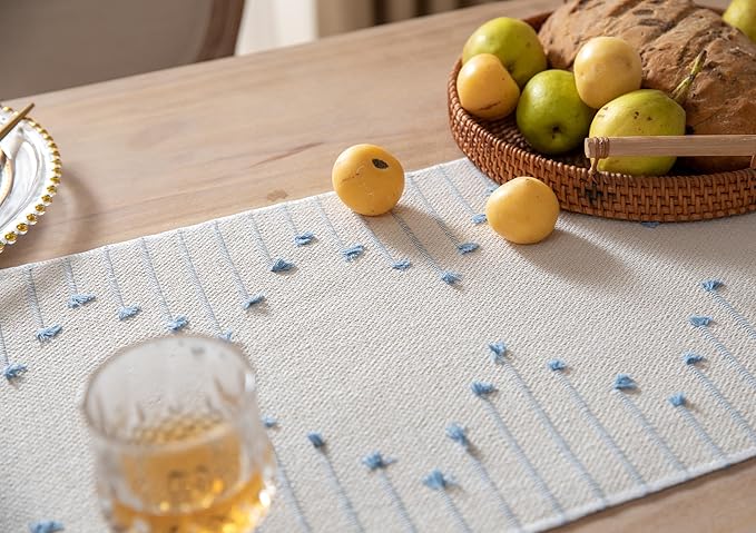 Boho Table Runner 13 x 72 Inch Long Natural Cotton Woven Runner with Tassels for Home Dining Table décor, for Modern Farmhouse Decor Coffee Table Runner, Light Blue and Beige