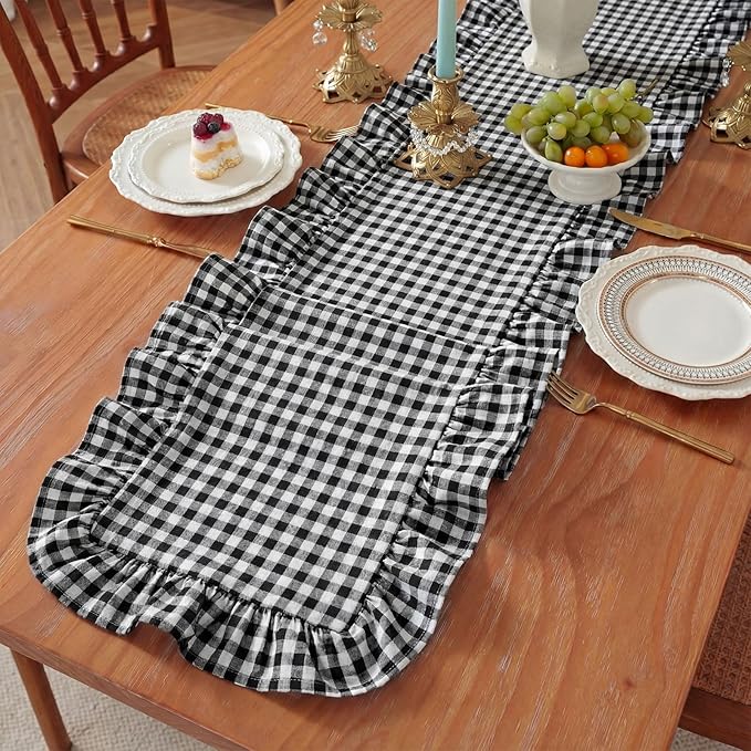 HunnmingRe 1 Pcs White and Black Plaid Gingham Ruffle Table Runner 118 x 13.8'' Farmhouse Buffalo Table Runner 100% Cotton Scalloped Long Dresser Scarves for Dining Room, Kitchen Rustic Home Decor