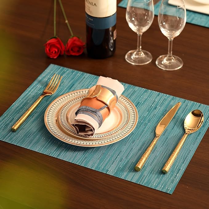 SLKQG Vinyl Placemats Set of 6 - Easy Clean Place Mats - Washable Heat Resistant Table Mats for Dining Table - 17x12 Inch (Sky Blue Turquoise, 6)