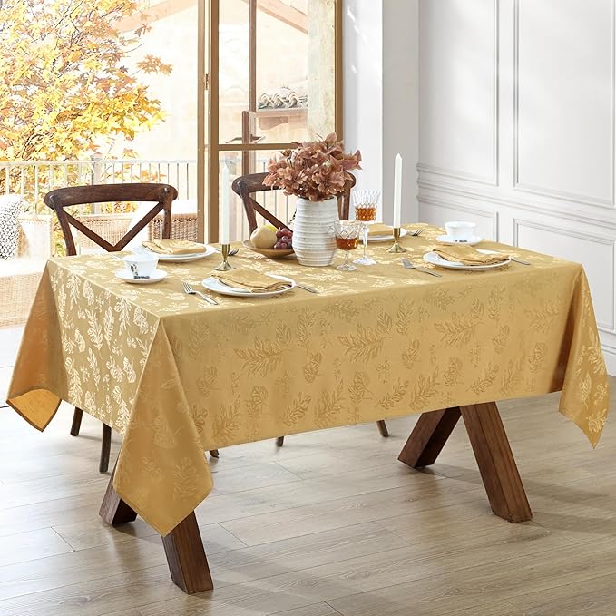 Elrene Home Fashions Elegant Woven Leaves Jacquard Damask Wrinkle Resistant Tablecloth, 60" x 102", Oblong, Gold