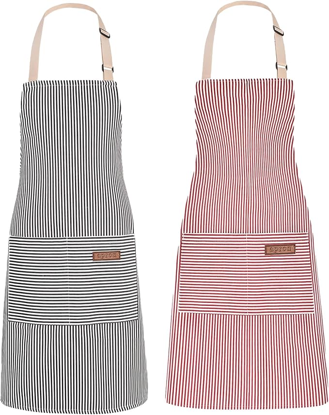 2Pack Adjustable Kitchen Apron for Women Men with 2 Pockets，Cotton-Polyester Blend Bib Aprons for Cooking,Baking