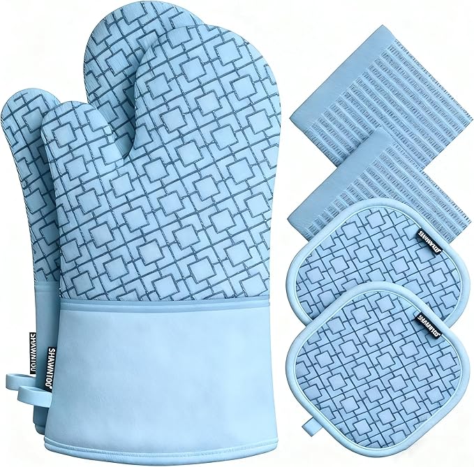 Oven Mitts and Pot Holders Sets 6pcs, Kitchen Oven Glove,High Heat Resistant 550 Degree Extra Long Oven Mitts and Potholders with Non-Slip Silicone Surface for Home Essentials (Grey) (Fog Blue)