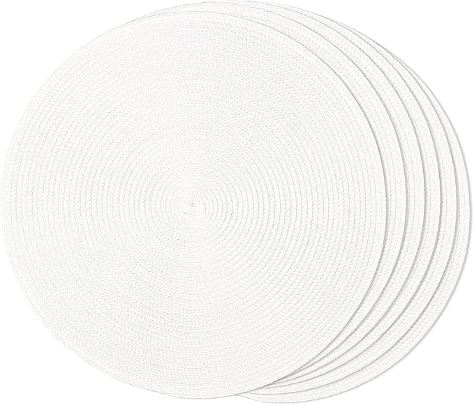 FunWheat Round Braided Placemats Set of 6 Table Mats for Dining Tables Woven Washable Non-Slip Place mats 15 inch(White, 6pcs)