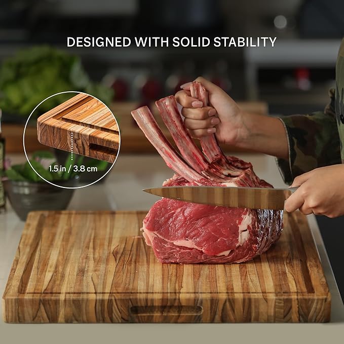 Teakhaus Carving Board and Cutting Board Oil Set - Includes Large (L) Wood Cutting Board with Grip Handles and EON Food Grade Mineral Oil - Knife-Friendly - FSC Certified