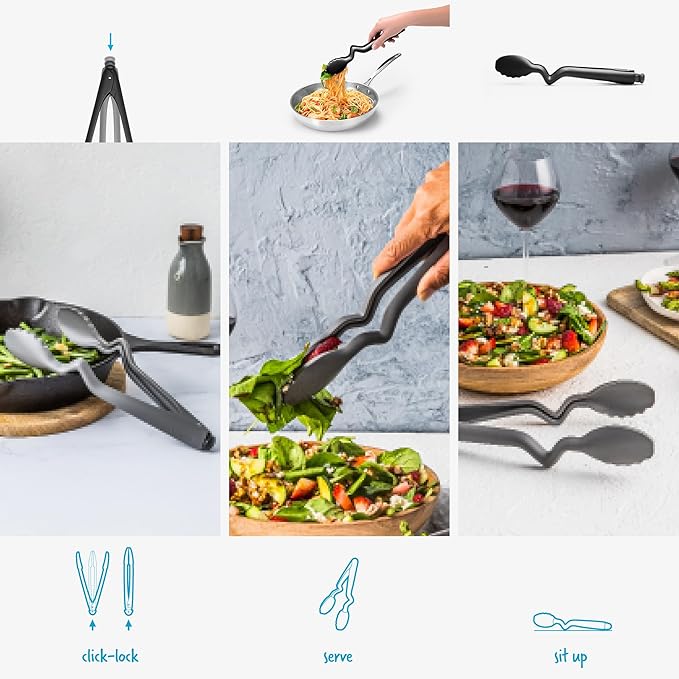 Dreamfarm Clongs Lite Nylon Kitchen Cooking Tongs, Click-Lock Open & Close with Extra Grippy Tips - 10.5" Black