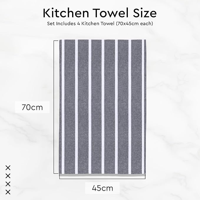 Encasa XO Cotton Kitchen Towel Set | Hand and Tea Cloth for Cleaning & Quick Drying, X-Large 28"x18" (Pack of 4) Highly Absorbent - Roma Grey Stripes