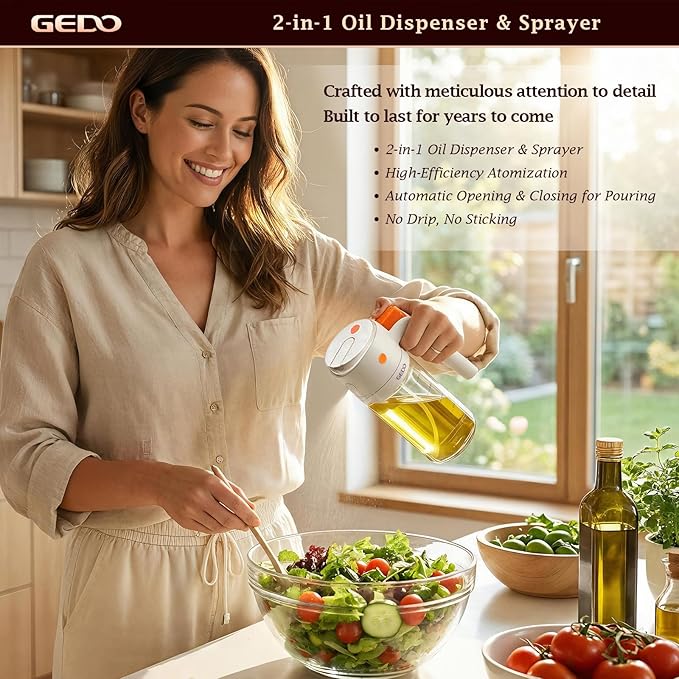 GEDO 2-in-1 Oil Sprayer & Dispenser, Borosilicate Glass Oil Bottle with Auto Open/Close Lid, One-Press Refill & Ergonomic Handle, Mist & Pour for Cooking, Salad, Air Fryer, BBQ