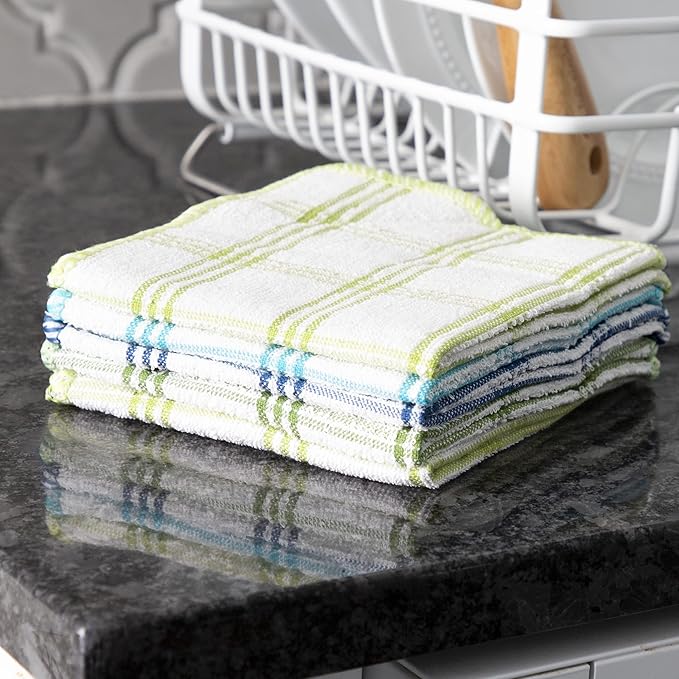 Ritz 100% Cotton 12-inch x 12-inch Kitchen Dish Towel, Gentle Cleaning Wash Cloth with Poly Scour Side, 5-Pack, Blue/Green