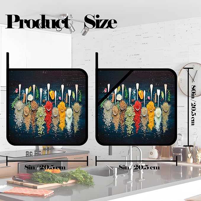 Colorful Various Herbs Pot Holders Set of 2,Kitchen Heat Resistant Potholder for Microwave Cooking Baking Oven and BBQ