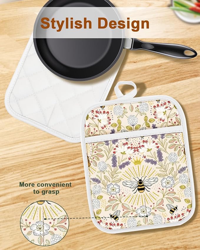 Swooflia 100% Cotton Pot Holders 2 Pack Set for Kitchen with Pockets - Cute 440°F Heat Resistant Oven Hot Pads Heavy Duty for Countertop Home Cooking Baking Microwave BBQ Bee