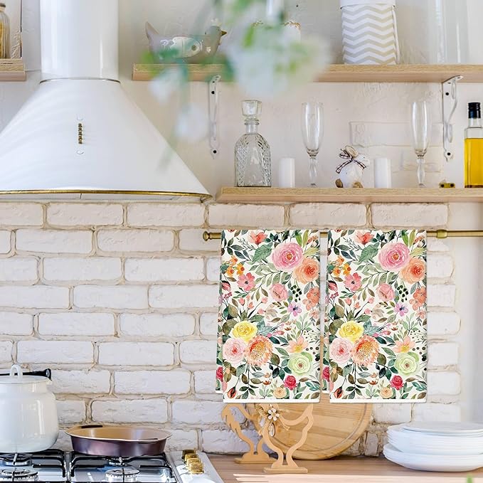 JarThenaAMCS Floral Kitchen Towel Watercolor Flower Dish Towel 18 x 28 Inch Vintage Rose with Leaves Hand Drying Tea Towel for Cleaning Wiping, 2Pcs