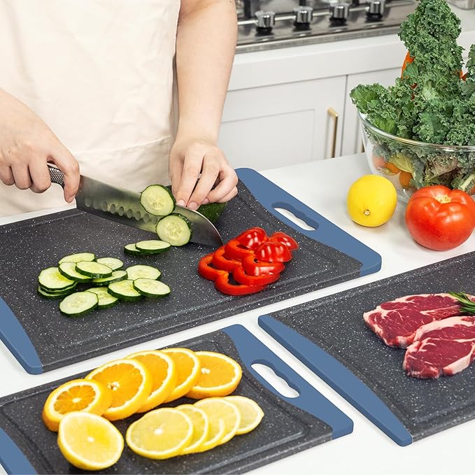 Extra Large Cutting Boards, Plastic Cutting Boards for Kitchen (Set of 3) Cutting Board Set Dishwasher Chopping Board with Juice Grooves Easy-Grip Handles, Prussian Blue, Empune