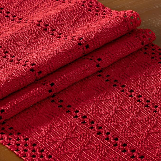 DeZerlor Boho Macrame Table Runner Spring Easter Farmhouse Woven Table Runner with Tassels 90 Inches Red Cotton Linen Kitchen Table Decor for Dining Dresser Home Tea Table Decor