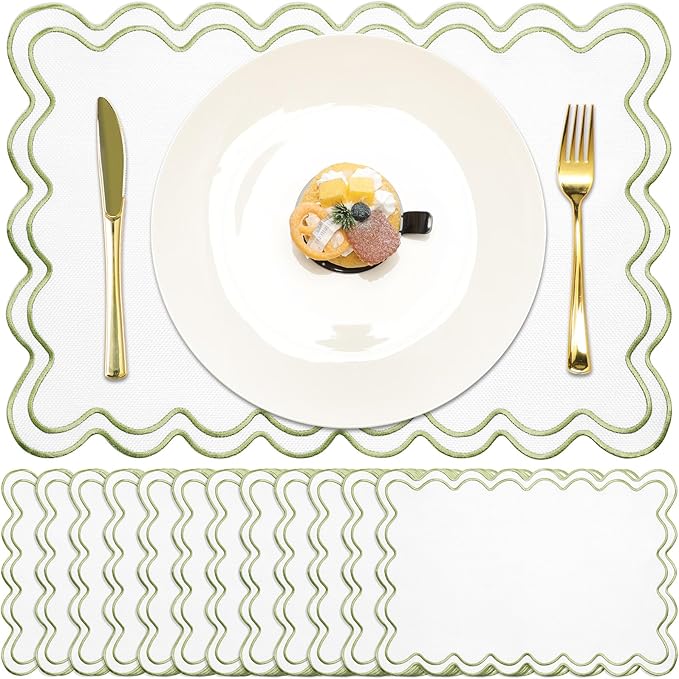Linen Placemats Set of 12 Scalloped Placemat 13 X19 Wavy Embroidery Double Layered Washable Farmhouse Dinner Fabric Table Mat Napkin for Wedding Party Christmas Hotel Restaurant(Grass Green)
