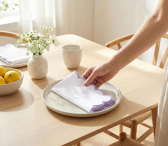 PurpleEssences Scalloped Embroidery Cloth Napkins - Spring Easter Summer - Table Decor - 100% Cotton - Set of 4-18x18 inch - White - Edges - Lavender