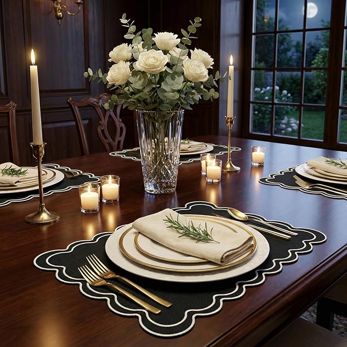HunnmingRe Set of 6 Cotton Linen Placemats, 13x19 Inch Scalloped Wavy Embroidery Placemat Double Layered Washable Rustic Rectangle Dinner Table Mats for Wedding Home Decor(Black with White)