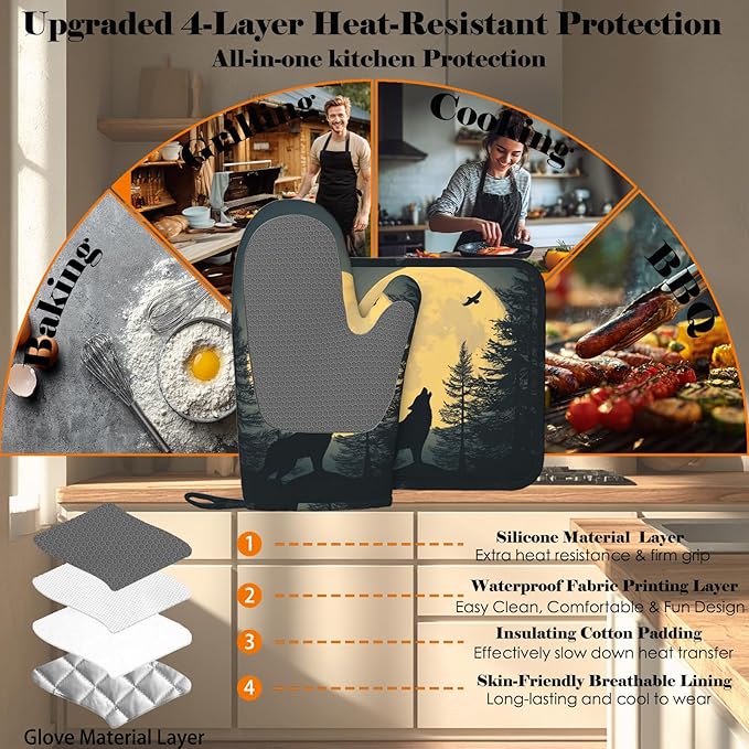 Black Wolf Howling at The Moon Oven Mitt and Pot Holder with Silicone Heat Resistant Kitchen for Cooking BBQ Baking Grilling Cooking Protection
