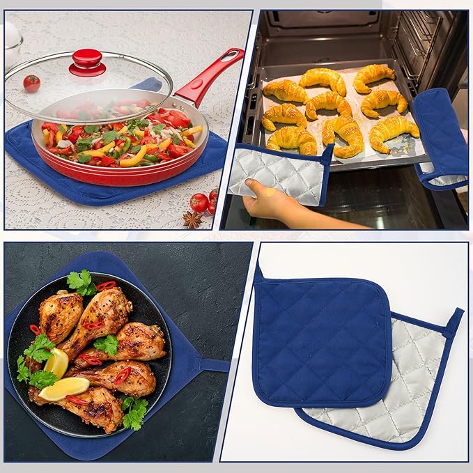 Bokon 24 Pcs Pot Holders for Kitchen, Blue Potholders Sets, Heat Resistant Cotton Hot Pad Oven Mitts Trivet with Hanging Loops for Baking Cooking