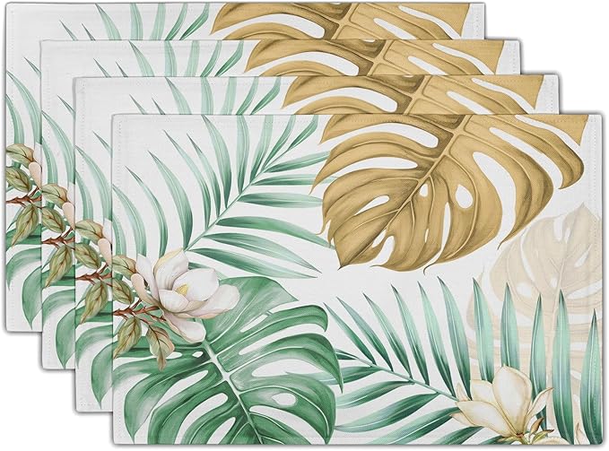 Giwawa 4PCs Tropical Palm Leaf Placemats Summer Green Brown Banana Leaves Decorative Linen Table Mat 12"x18" Hawaiian Monstera Flowers Heat Resistant Washable Place Mats for Kitchen Dining