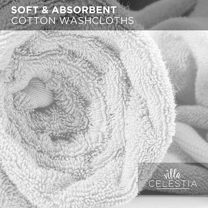 100% Cotton Wash Cloth for face & Body Set of 12, (12 x 12 inches) Sustainable, Soft, Highly Absorbent, Combed Cotton Wash Cloths Pack of 12 for Hotels, Spa, Bathroom, Dorm, White