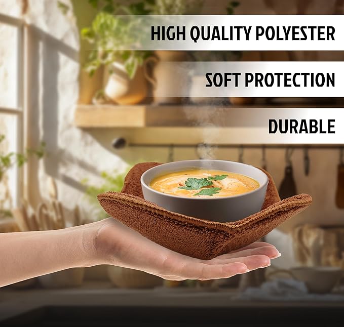 Set of 2 Microwave Bowl Cloth Hot Pads with Brown Color - Multipurpose Heat Resistant Plate Holders 7"x4" Inches - Pot Holder Microwavable Bowl Cozies for Food - Ramen Soup or Bowl Cozy