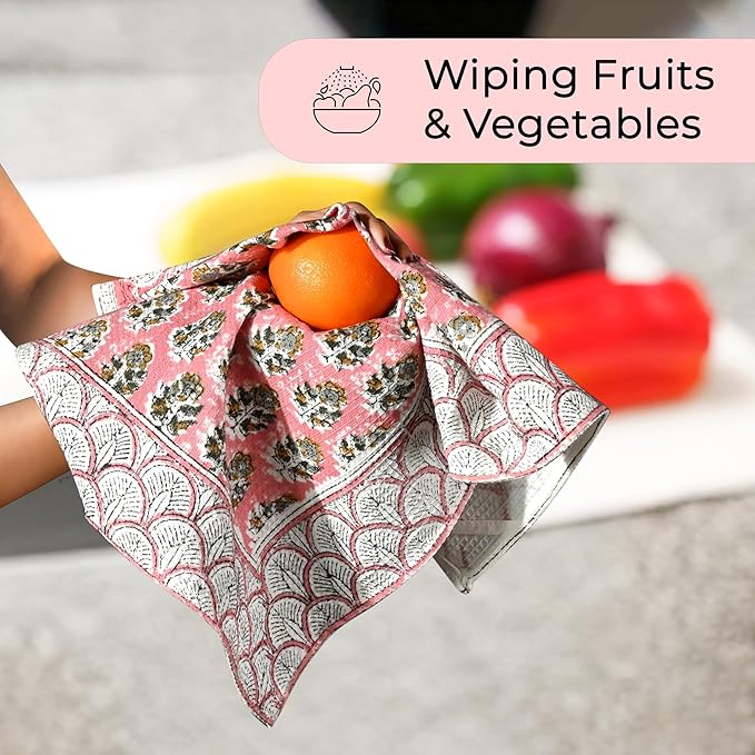CPC Poppy Pink Hand Block Print Waffle Kitchen Towel Set of 3-16 x 28 Inch Ultra Absorbent Quick Dry Cotton Dish Towels Lightweight Reusable Sustainable Tea Towels for Cleaning and Drying