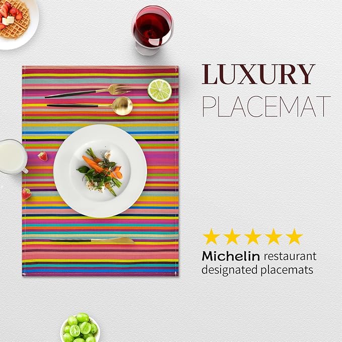 Rainbow Placemats Set of 4, 12x18 Inch Heat-Resistant Washable Easy to Clean Place Mats, Faux Linen Cloth Table Mats Suitable for Indoor/Outdoor Parties & Kitchen Decor (Rainbow)