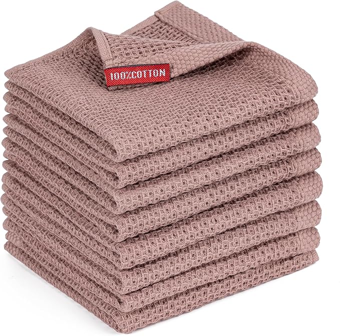 BOOMIBOO 8-Pack Kitchen Dish Cloths, 100% Cotton Waffle Weave, Ultra Soft Absorbent, Quick Drying Dish Towels, 12x12 Inches, Brown