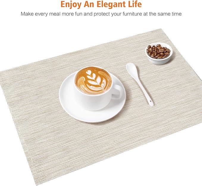 Placemats Set of 12,Washable,Heat and Stain Resistant Indoor/Outdoor Place mats,Vinyl Woven Non Slip Table Mats for Restaurant Table Protection,PVC Placemats(Beige White,12PCS)