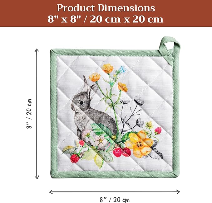 Maison d' Hermine Pot Holders 100% Cotton Heat Resistant Potholders 8" x 8" Hot Pads with Loop BBQ Cooking Baking Gifts for Mothers Day Handling Hot Pans Spring/Summer (Pack of 2, Printemps)
